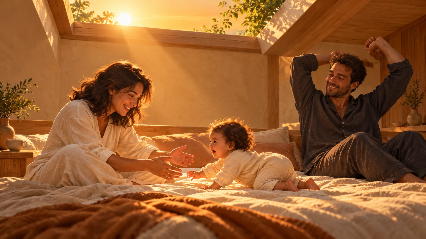 Eine Mutter begrüßt ihr krabbelndes Baby im Bett; daneben streckt sich der Vater unter dem offenen Deckenfenster im Morgenlicht.