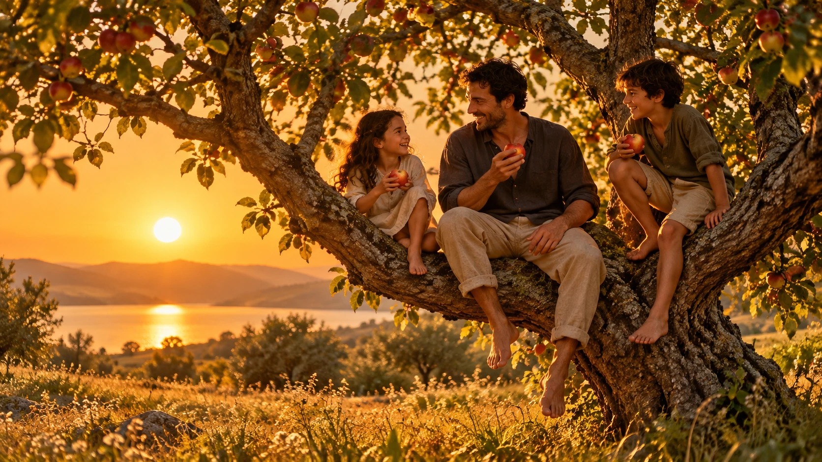 Ein Vater und zwei Kinder sitzen mit gepflückten Äpfeln im Apfelbaum; im Hintergrund liegt ein See.